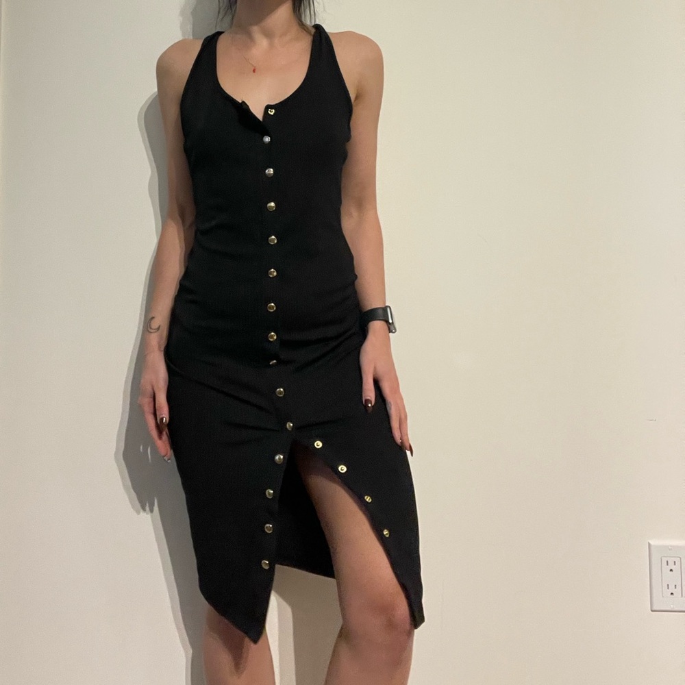 Revamped Black Midi Dress with Gold Accents
